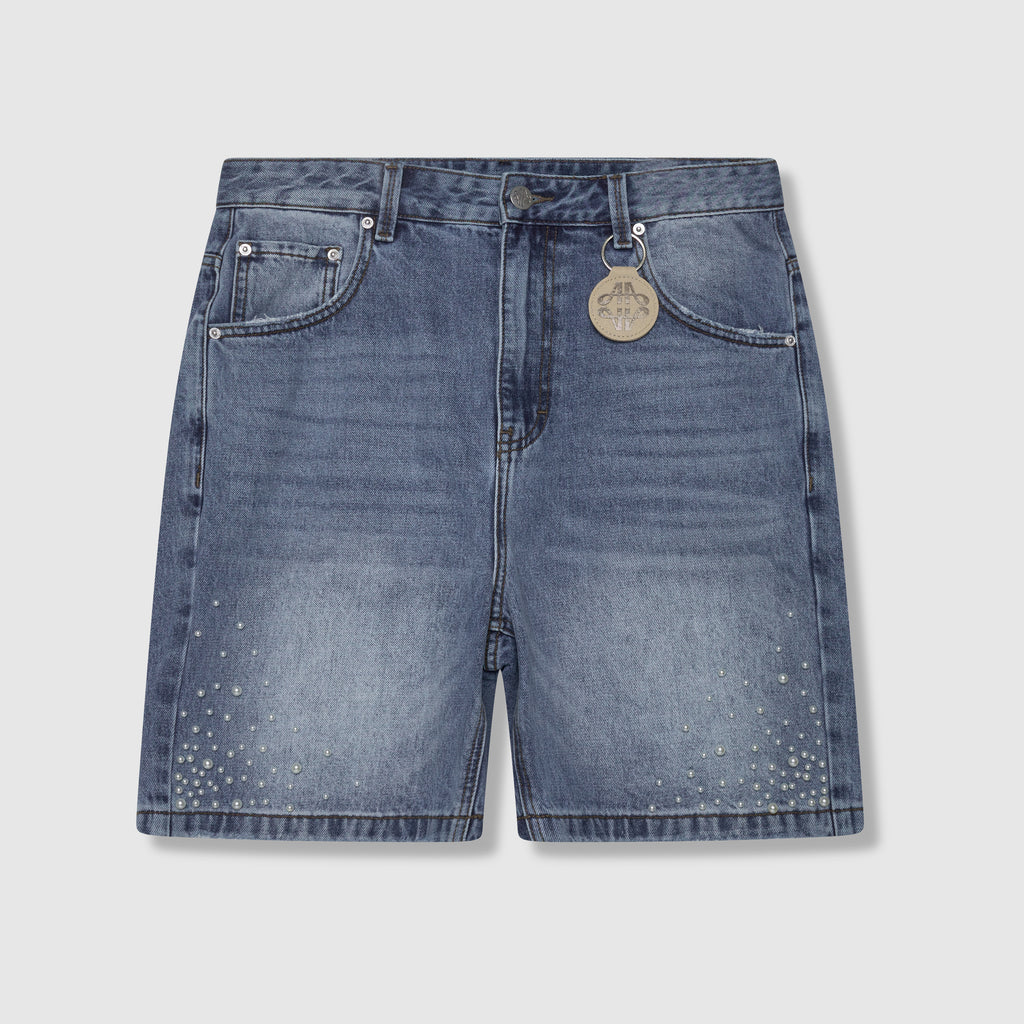 Shorts de mezclilla azul con perlas Akoya