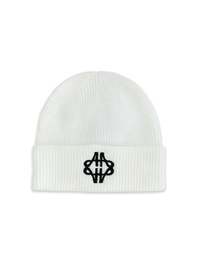Fluffy Emblem White Knitted Beanie