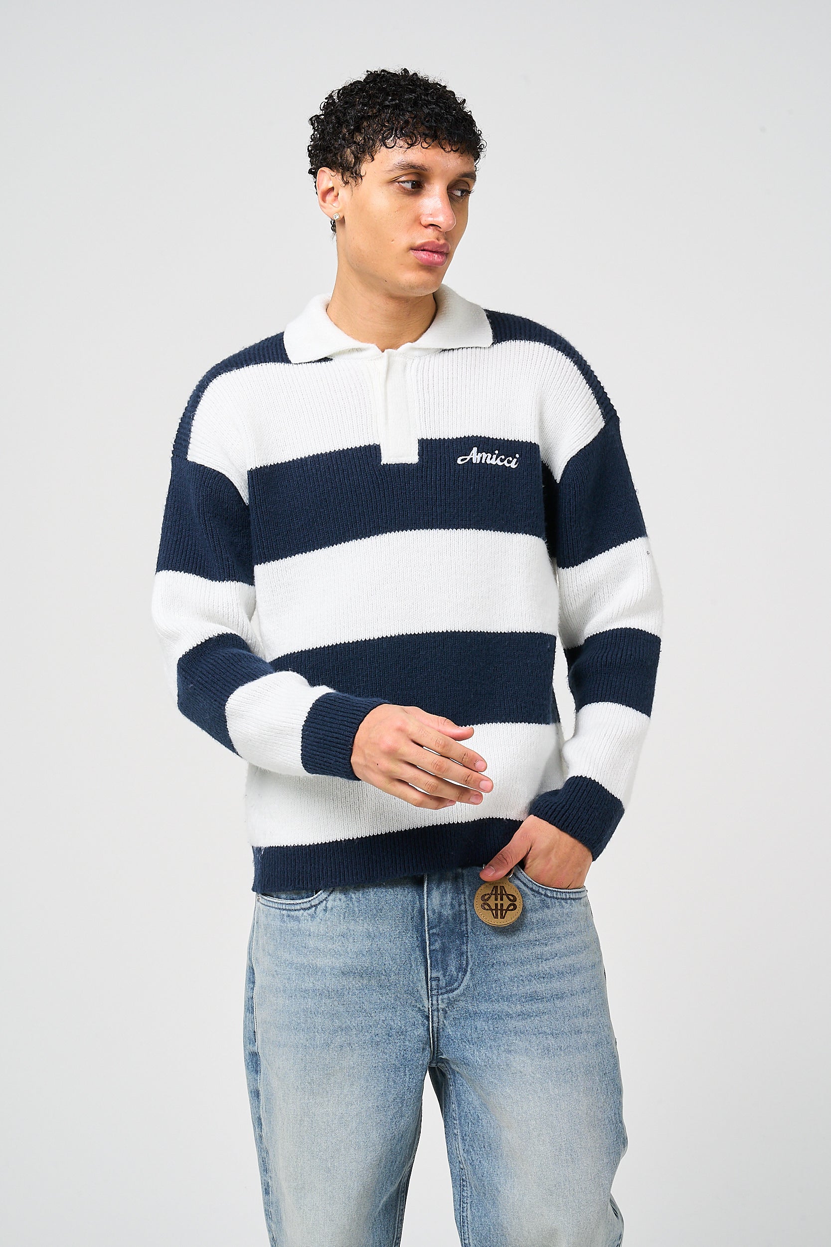 Awing Navy Striped Knitwear Sweatshirt – Amicci