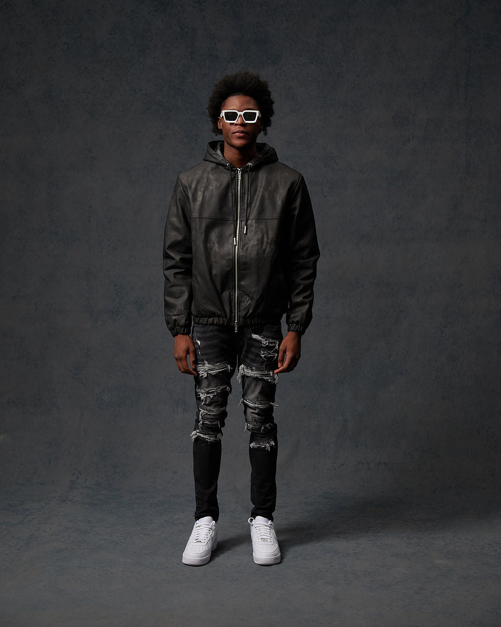 Rafel Leder Zip Hoodie Schwarz