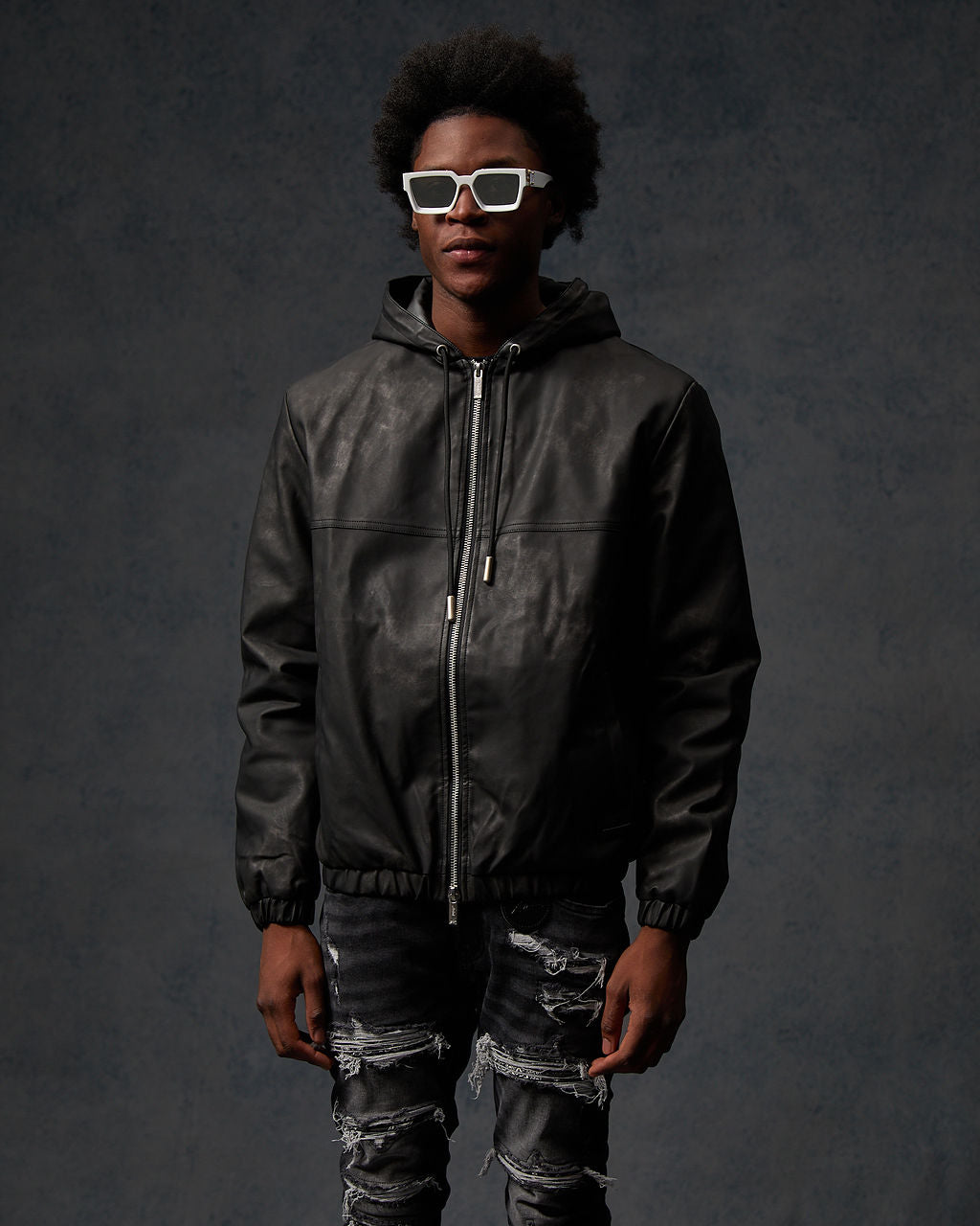 Rafel Leren Rits Hoodie Zwart