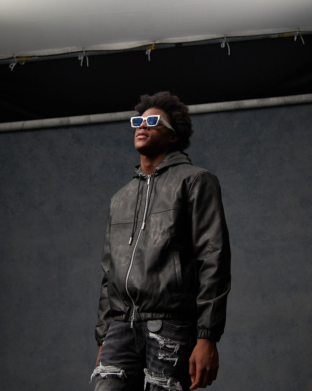 Rafel Leder Zip Hoodie Schwarz