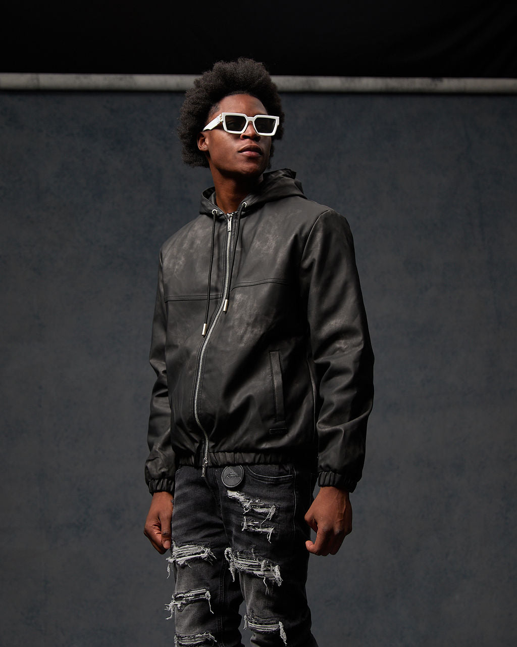 Rafel Leder Zip Hoodie Schwarz