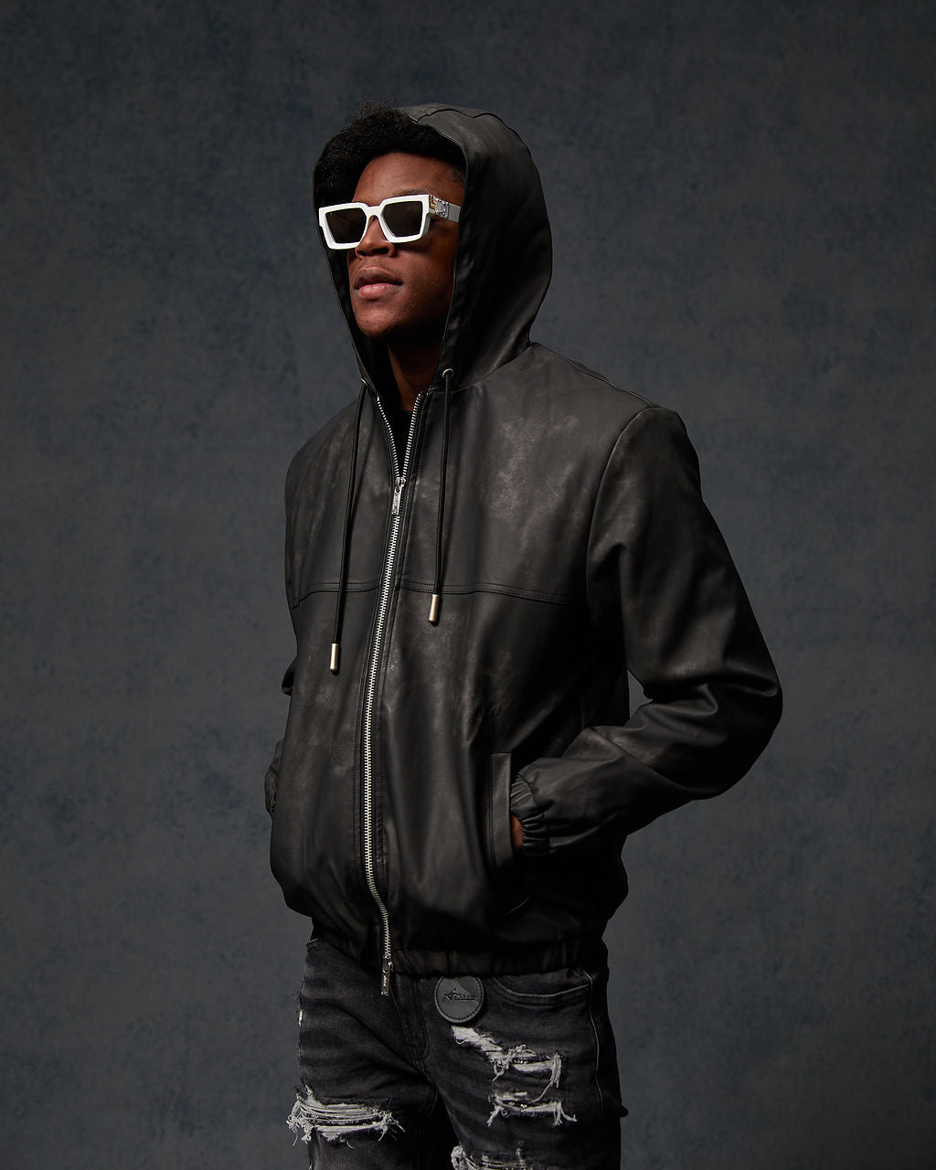 Rafel Leder Zip Hoodie Schwarz