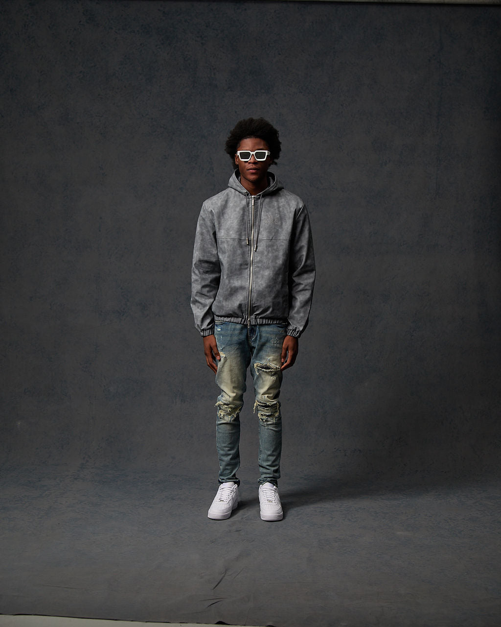 Rafel Leder Zip Hoodie Grau