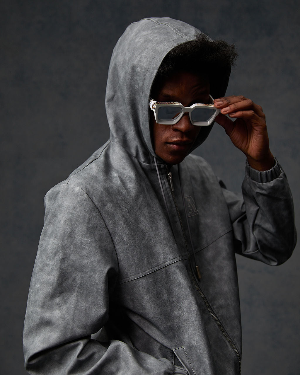 Rafel Leder Zip Hoodie Grau