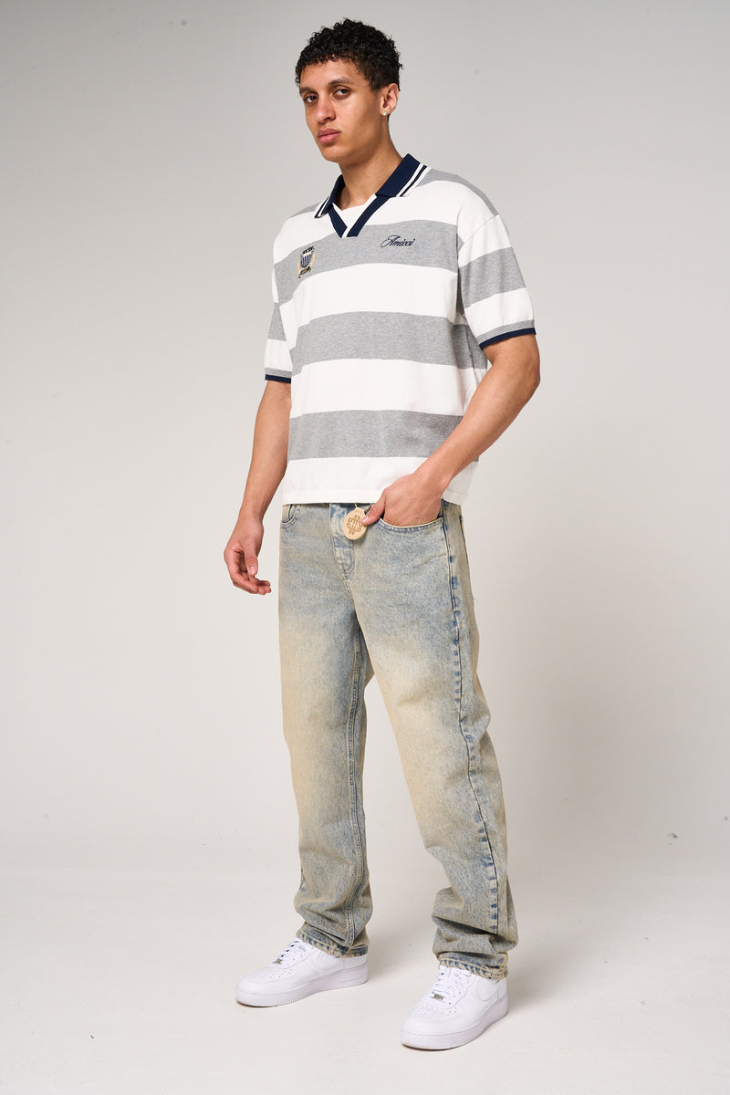 Avendia Striped Knitted Polo Grey