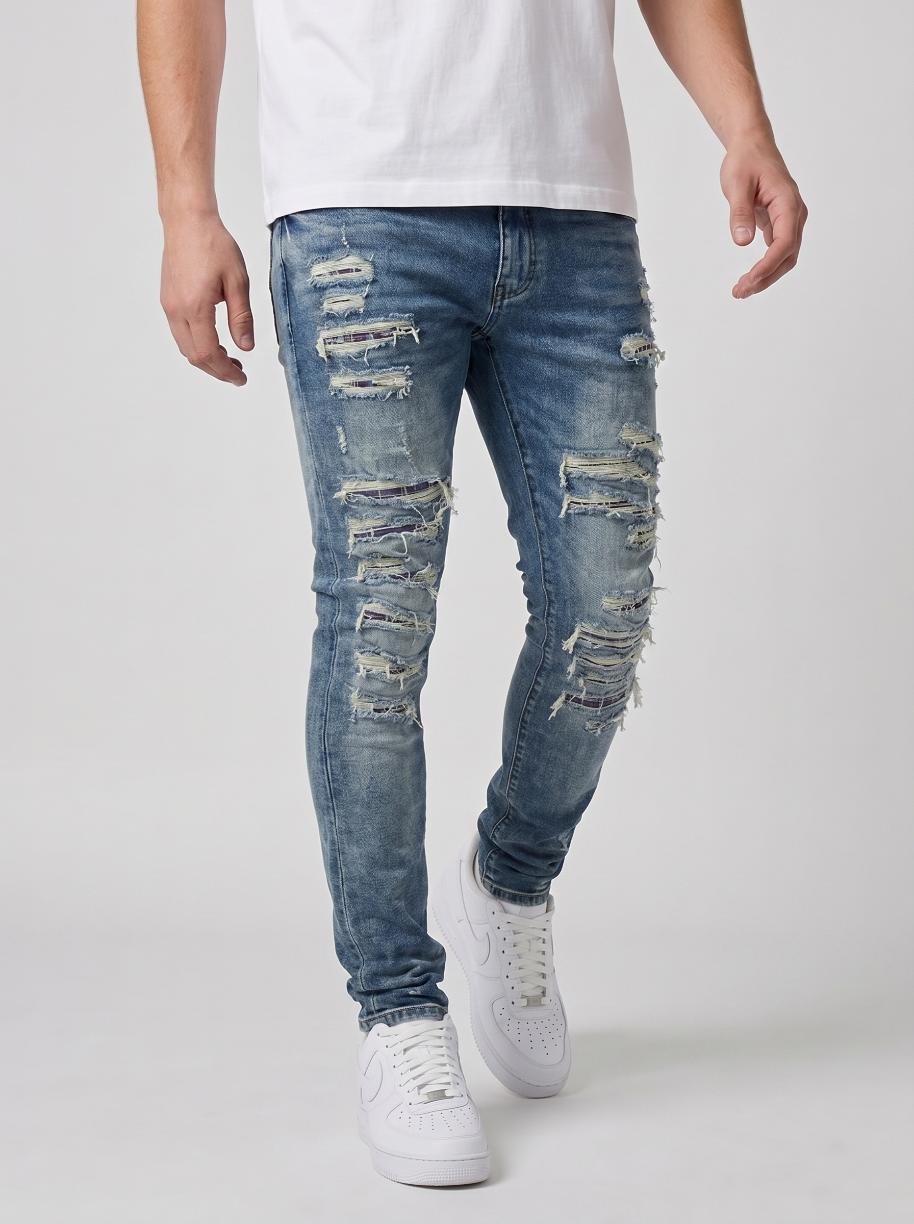 Jeans skinny mi-bleu déchirés lourds Belvedere