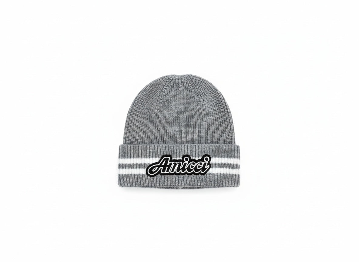 美品 chiiiibag Knit Beanie gray Grey Cable Knit Beanie w/Indigo Fox Pom - Adora Boutique